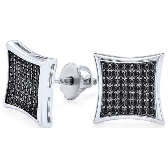 Bling Jewelry Mens .925 Sterling Silver Micro Pave Black CZ Square Kite Stud Earrings Unisex Rhodium Plated 11MM