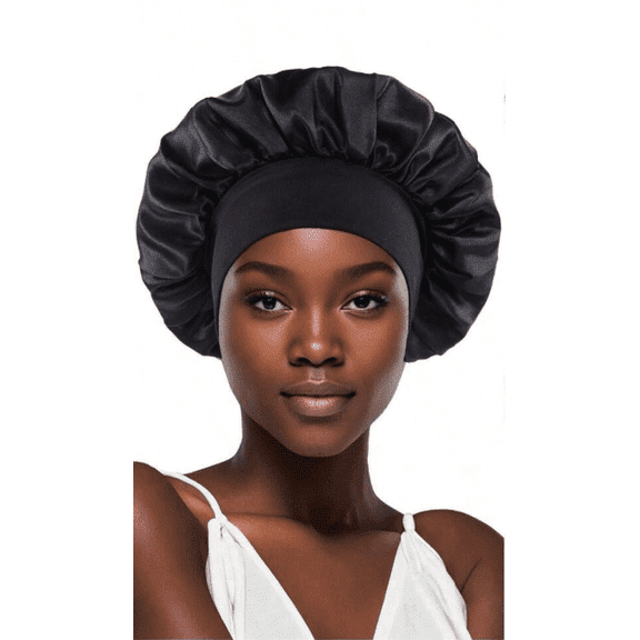 Reduces Frizz and Breakage Wide Elastic Band Satin Sleep Bonnet, Black