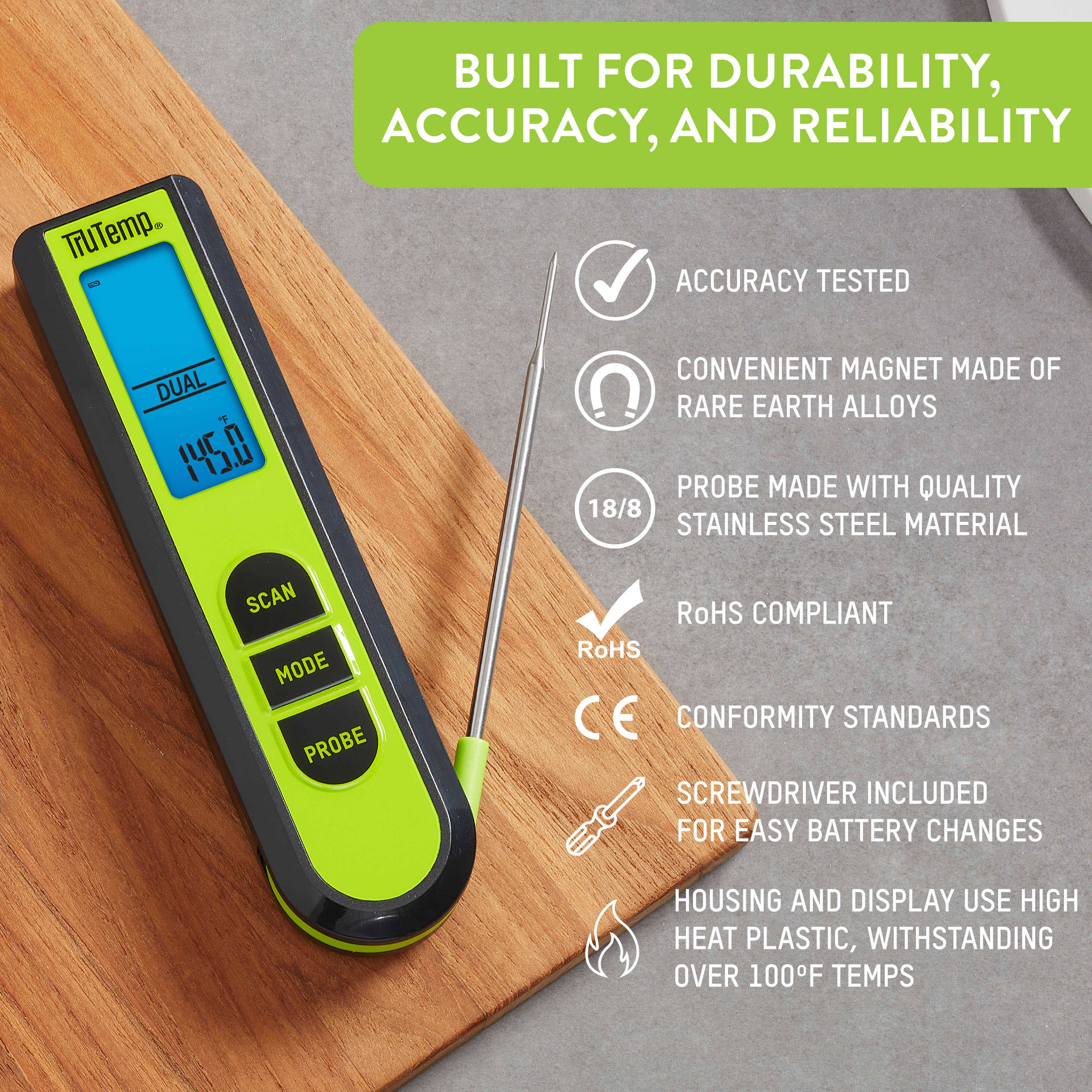 TruTemp Battery Powered Dual Function Infrared Digital Thermometer Plus Meat Probe, Green