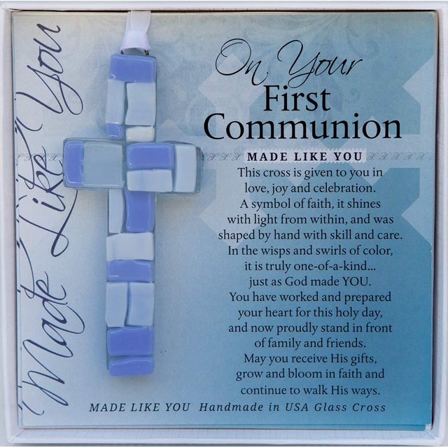 First Communion Gift for Boy - Handmade in USA Blue Mosaic Glass Cross with Sentiment