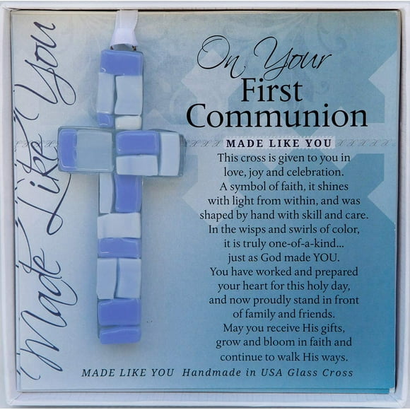 First Communion Gift for Boy - Handmade in USA Blue Mosaic Glass Cross with Sentiment