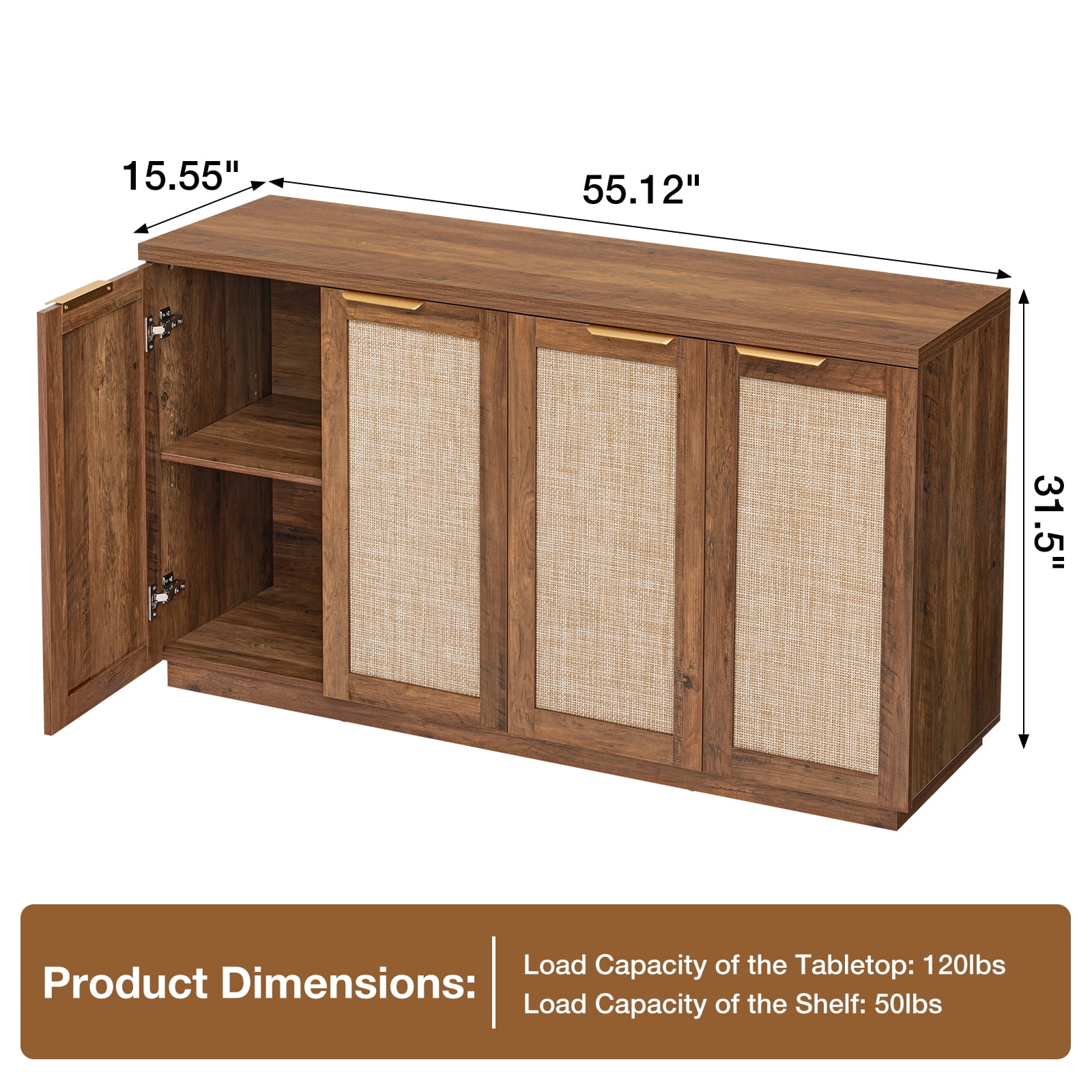 Hommpa Storage Sideboard Rattan Sideboard Buffet Cabinet with Adjustable Shelves 4-Doors Kitchen Storage Cabinet for Dining Room, Living Room,Bedroom, Hallway, Brown