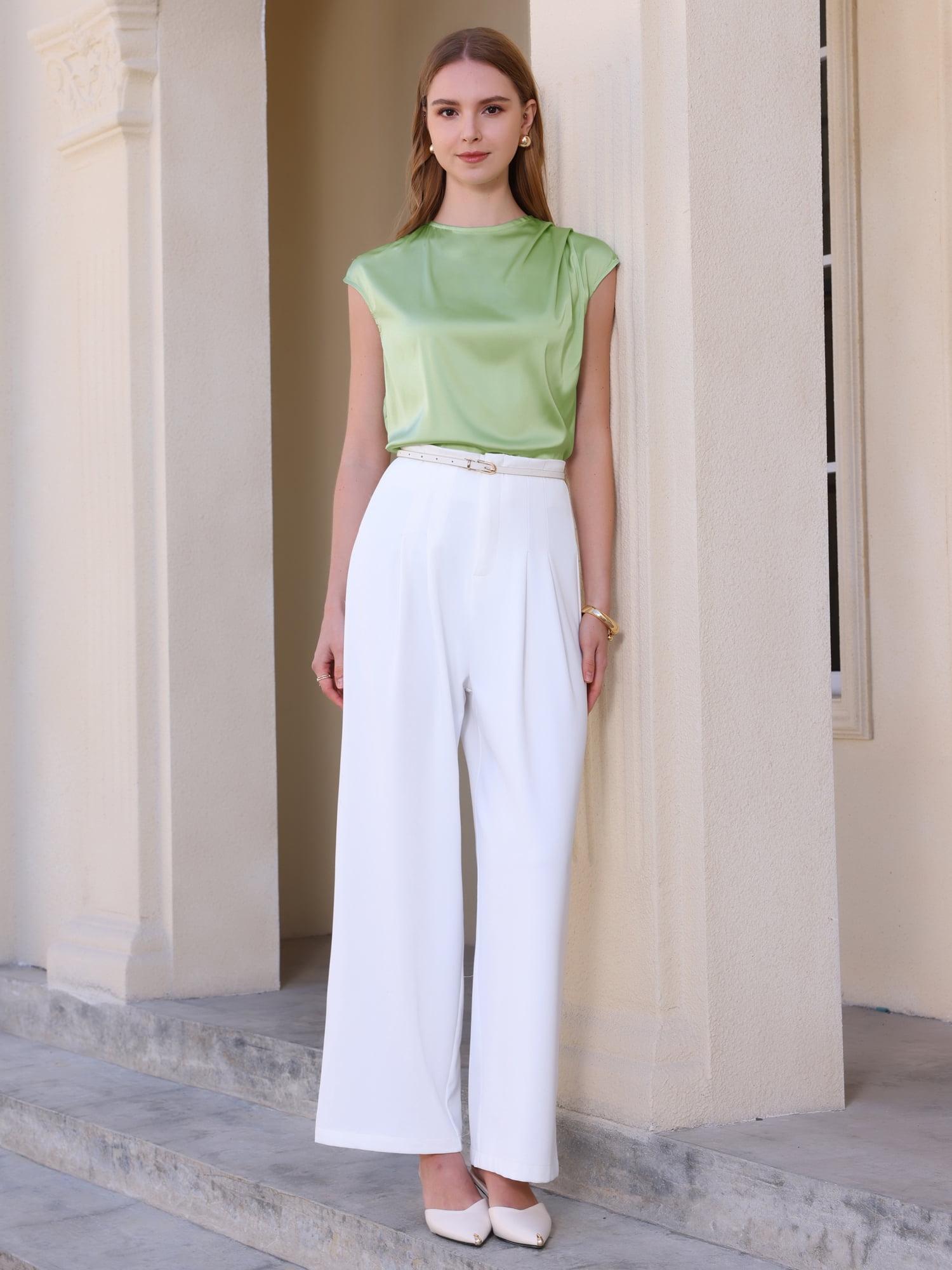 DARING DIVA Women's Stylish Elegant Satin Cap Sleeve Blouse L Green