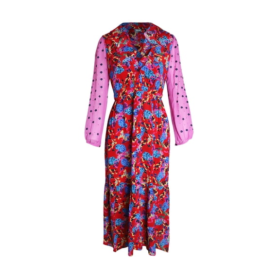 Pre-Owned Saloni Sheer Sleeve Printed Midi Dress in Multicolor Silk