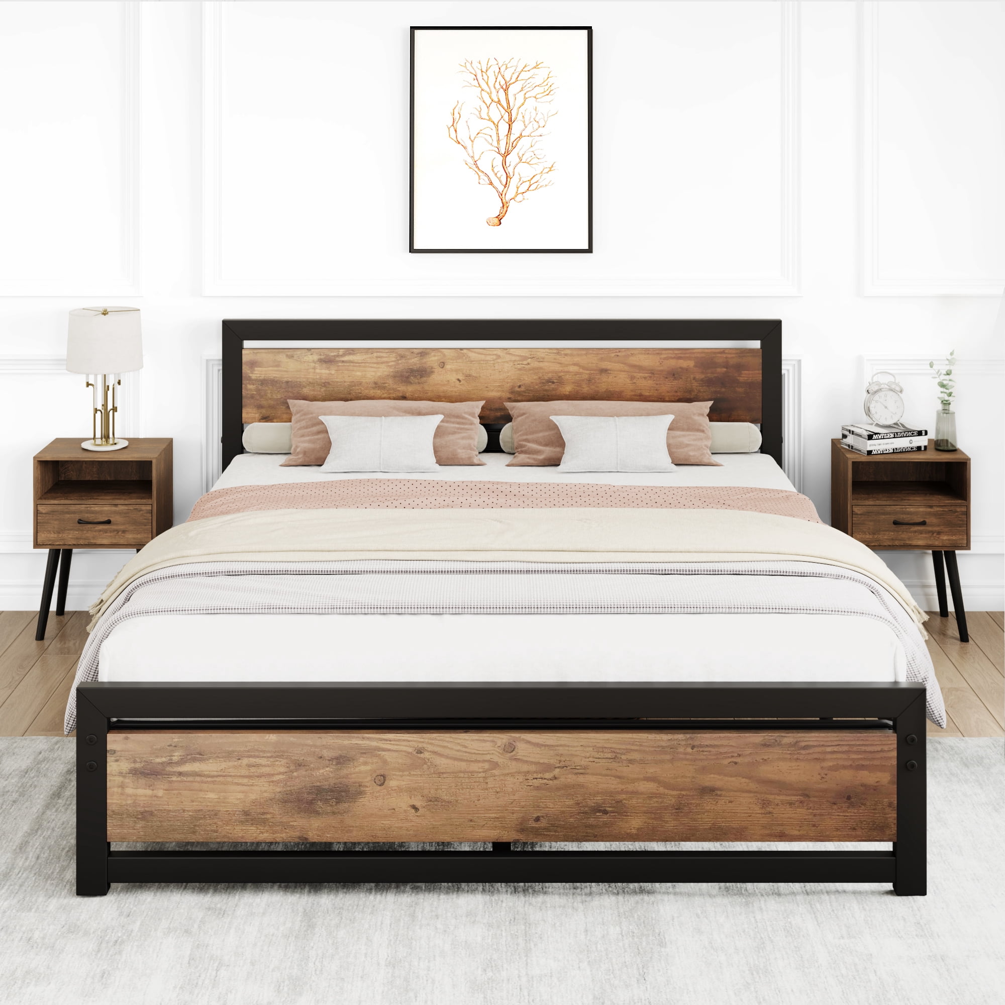Industrial King Size Platform Bed Frame with Rustic Wooden Headboard – 14 Inch Heavy Duty Metal Support, Large Underbed Storage, Easy Assembly, Noise-Free, No Box Spring Needed King bed