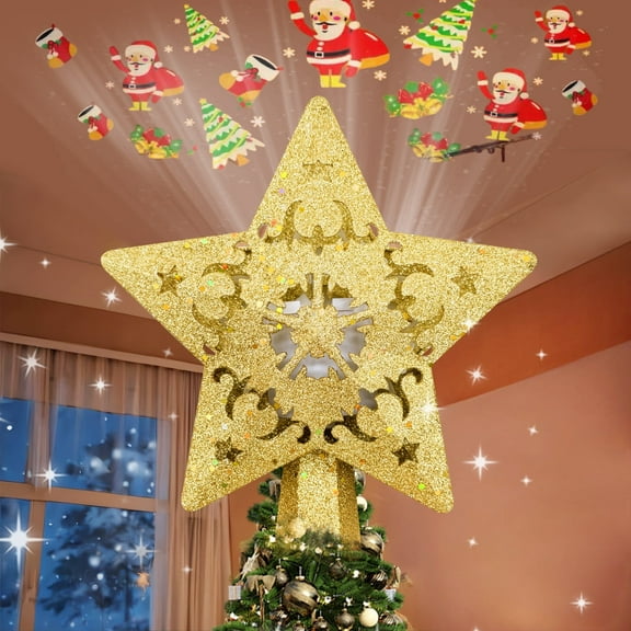 PUCACHI Christmas Star Tree Topper with LED Snowflake Projector, Hollowed Pentagram, Plug-In Ornament, Plastic, for Indoor Holiday
