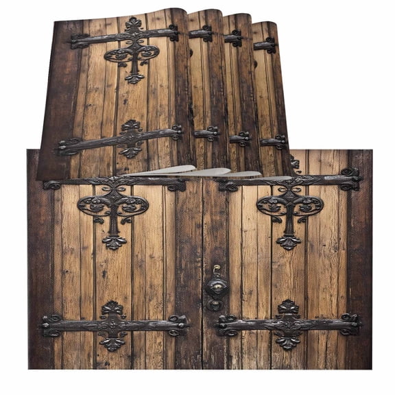 Rustic Wooden Door Placemats for Dinning Table Set of 6, Brown Black Farmhouse Country Vintage Burlap Kitchen Place Mats Waterproof Cloth Table Mats, Indoor Outdoor Placemats Easy Clean Dinner Decor