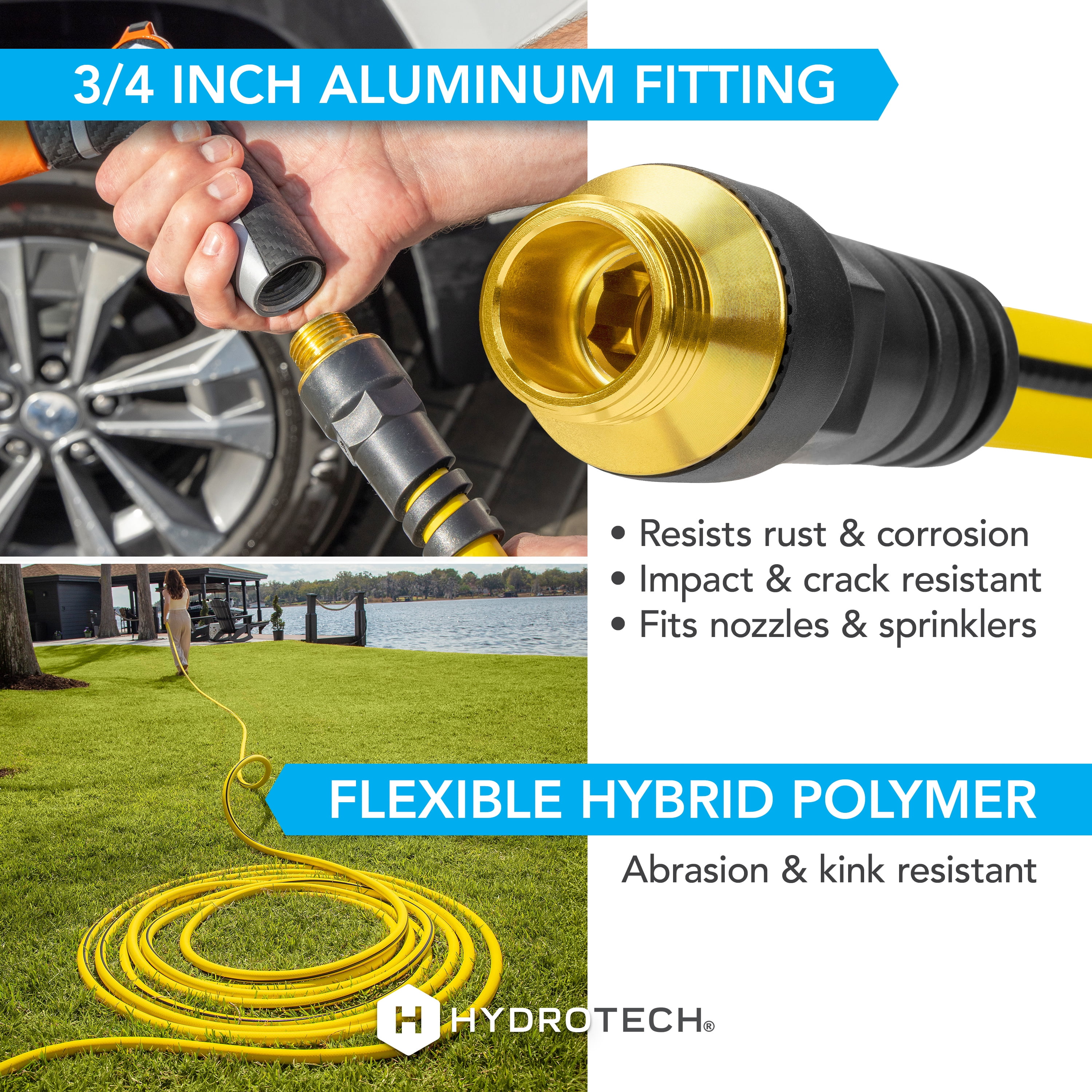 HydroTech Super-Lite 100 ft Garden Hose Hybrid Polymer Rubber 5/8"  – Ultra Lightweight Kink-Resistant Water Hose, Drinking Water Safe, Durable Polymer Construction with Force Control Technology