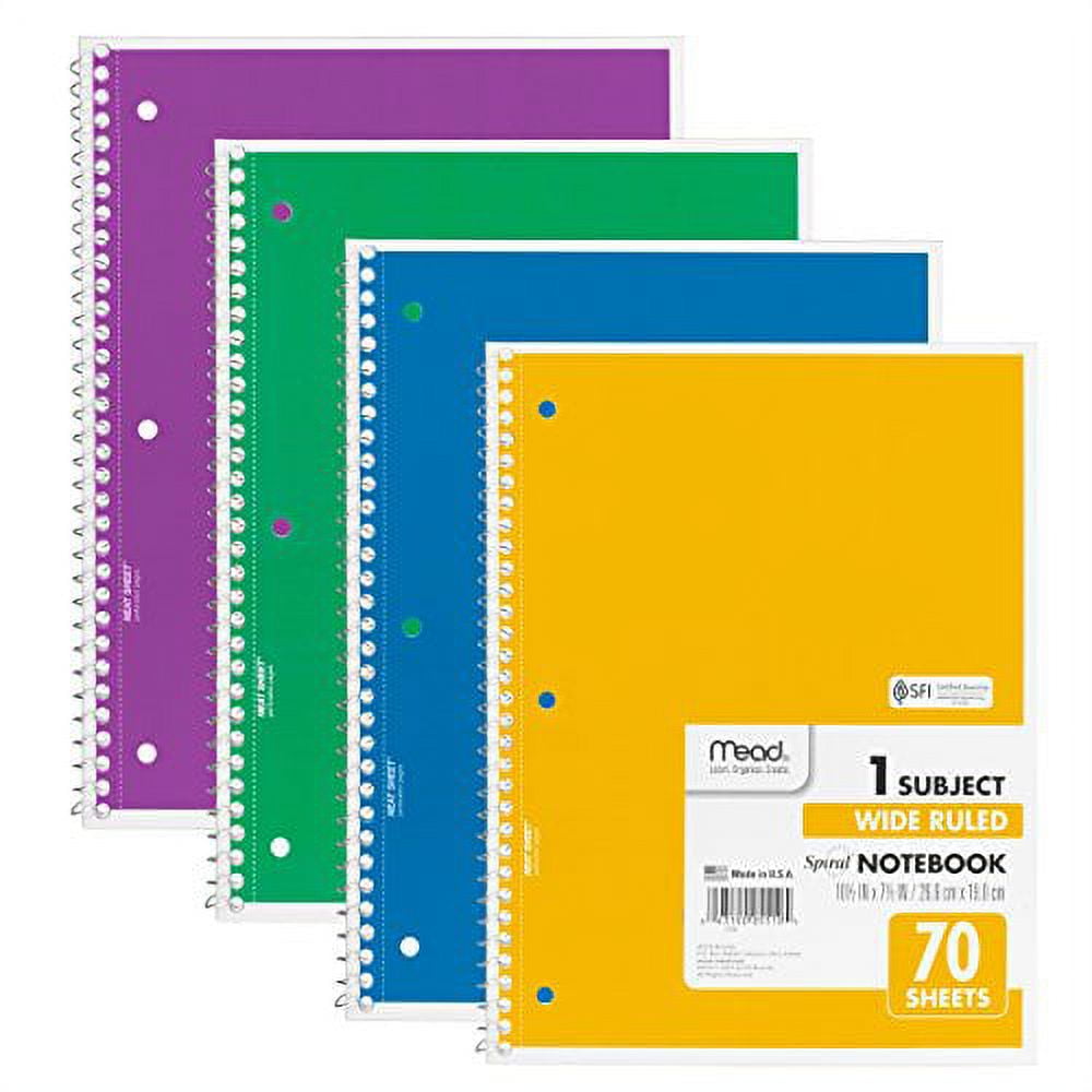 Mead Spiral Notebook 1Subject, 70Count, Wide Ruled, COLOR WILL VARY