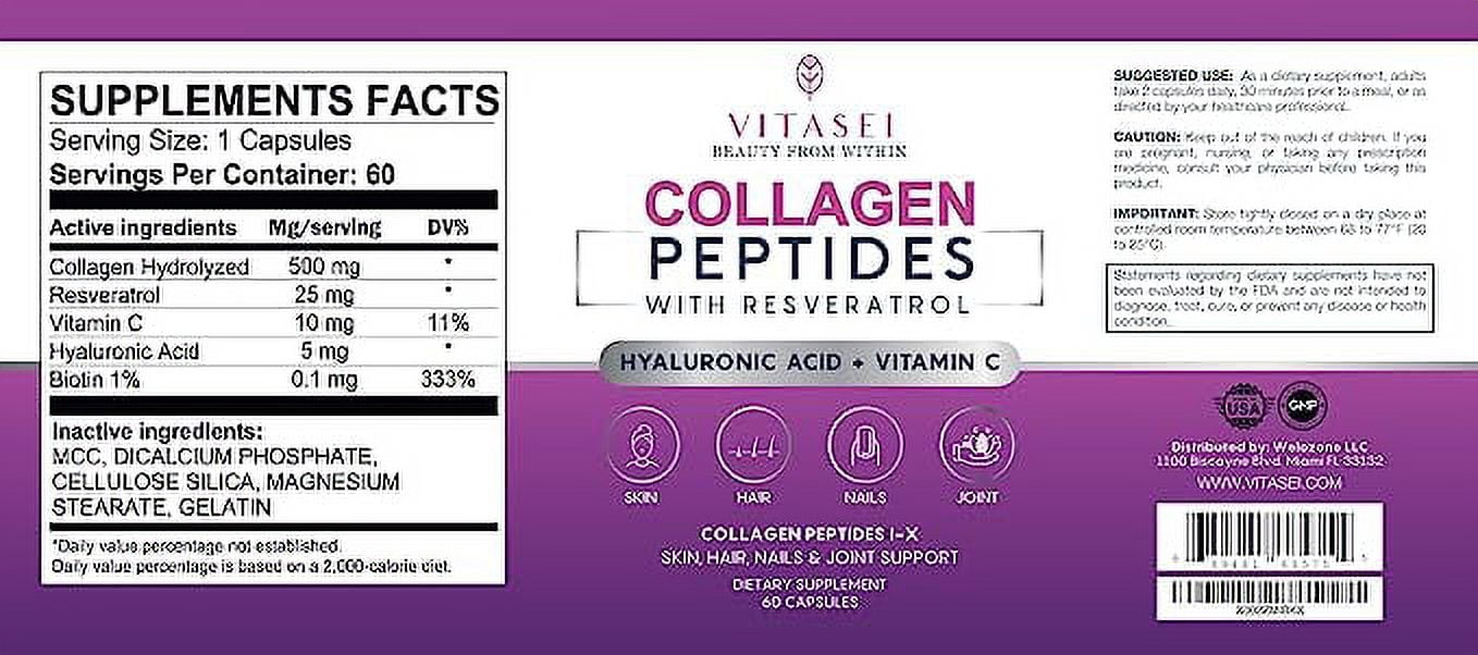 VITASEI Collagen Peptides Supplement W/Resveratrol-Vitamin C, Hyaluronic Acid for Skin Elasticity & Firmness, Dietary Supplement for Hair, Nails & Joints, Anti-Aging Pills for Men & Women-60 Capsules