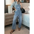 thumbnail image 2 of Women's Casual Loose Denim Work Pants Bib Adjustable Shoulder Strap Wide Leg Capri Denim Jumpsuit, 2 of 6