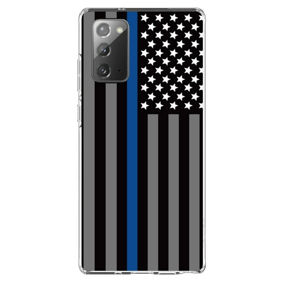 DistinctInk Clear Shockproof Hybrid Case for Samsung Galaxy Note 20 (6.7" Screen) - TPU Bumper, Acrylic Back, Tempered Glass Screen Protector - Thin Blue Line US Flag Law Enforcement
