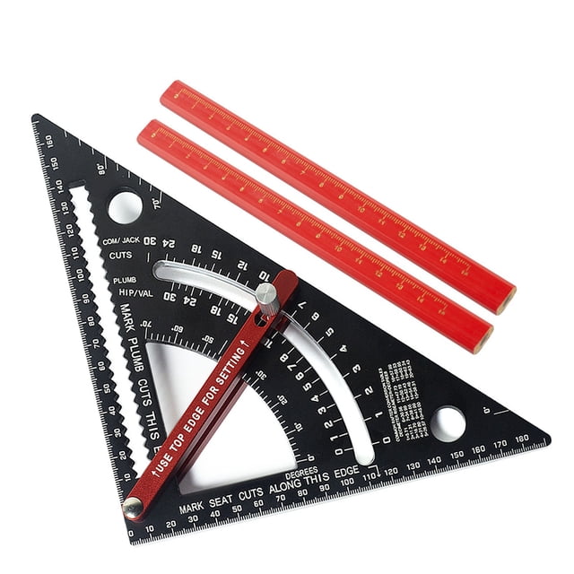 7 Inch Carpenter Square, 80 Angle Adjustable Aluminum Alloy Triangle Square Rafter with 2 Pencils, HIP VAL and COM Functions, Rafter Square for Roofing, Wood Cutting, Home Decor