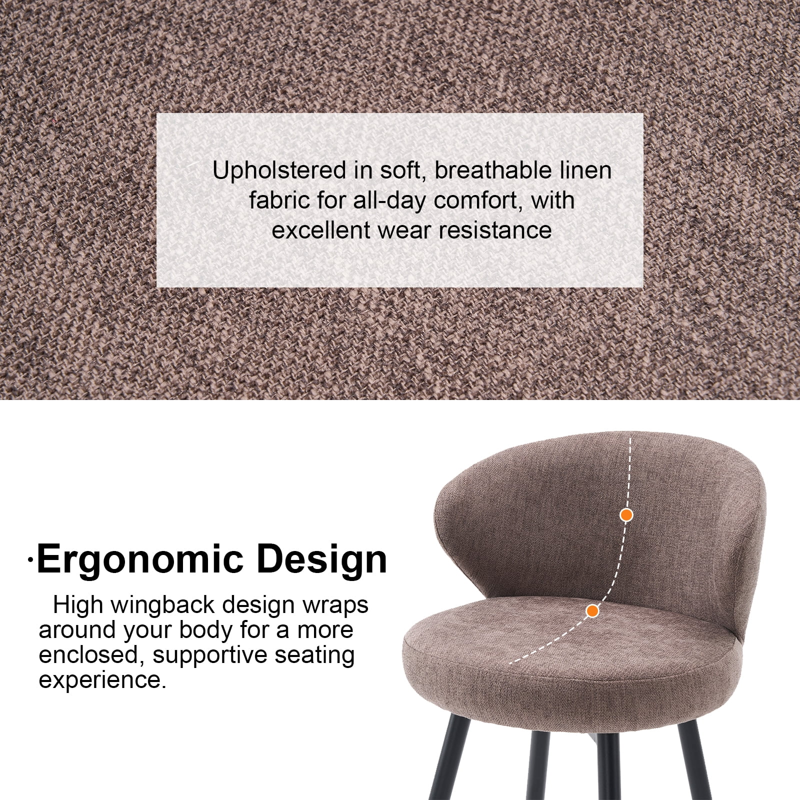 Rongbuk 360° Swivel Modern Bar Stool Set of 2, 26" Upholstered Counter Height Bar Stools with Wingback, Soft Linen Fabric, Counter Chairs with Arm for Kitchen Island or Home Bar, Brown