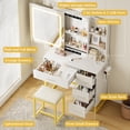 thumbnail image 2 of White Vanity Desk with Sliding LED Mirror, Charging Station, 4 Drawers, Storage Shelves, Cushioned Stool – Modern Bedroom Makeup Table with Power Outlet, White, 2 of 7