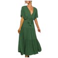 thumbnail image 2 of Wycnly Womens Dresses Casual Ruffle Sleeve Tie Waist Loose Swing A Line Sundress Fashion Solid V-Neck Short Sleeve Long Summer Dress Green l, 2 of 7