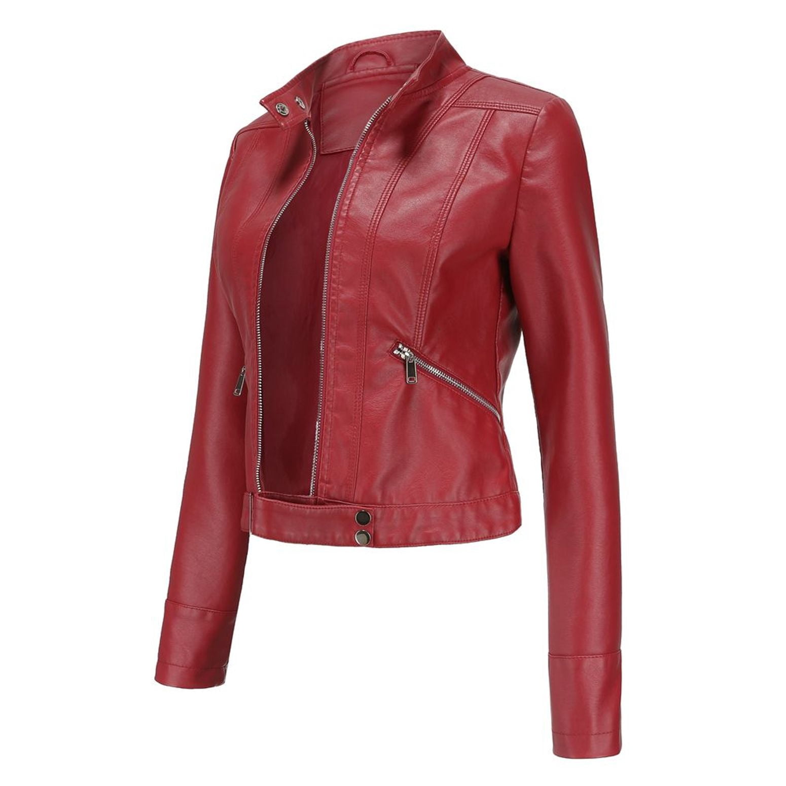 Defitshape Women's Faux Leather Jacket Winter Fashion Crop Moto Jackets & Coats Long Sleeve Fall Top Mock Neck Zipper Pocket Full Zip Short Jacket Burgundy Medium