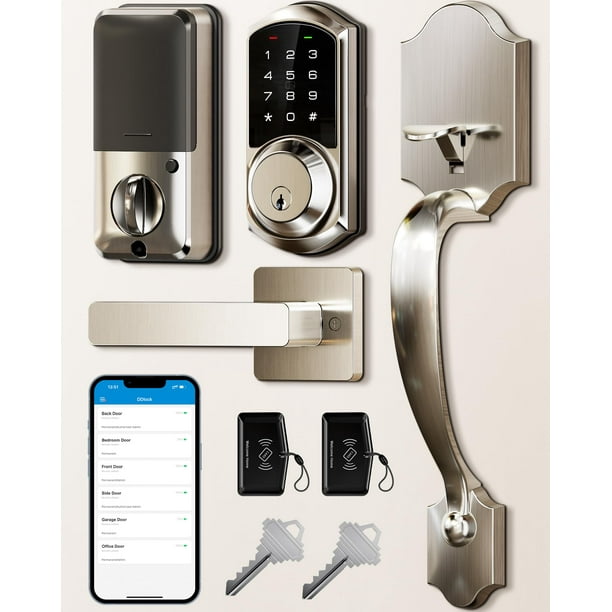 Veise Juego de cerradura inteligente para puerta delantera, control de aplicaciones, cerrojo de entrada sin llave con manija de palanca, teclado electrónico digital con pantalla táctil, bloqueo automá