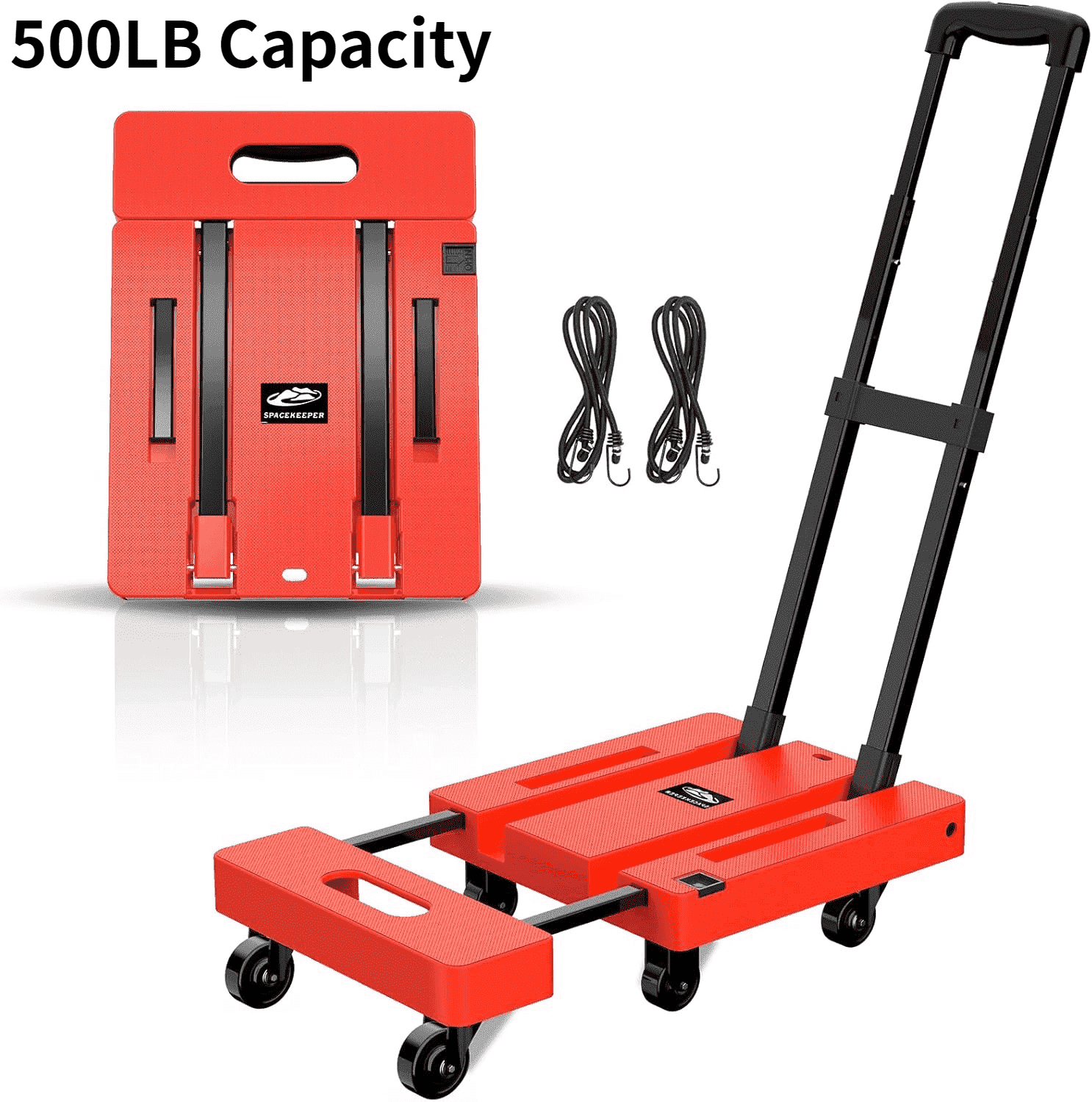 Foldable Dolly, Heavy Duty Dolly Cart, Folding Hand Truck with 6 Wheels & 2 Bungee Hooks, 500 LB Dolly Cart Capacity Portable Luggage Cart for Moving, Traveling and Shopping, Orange, 6 Wheels