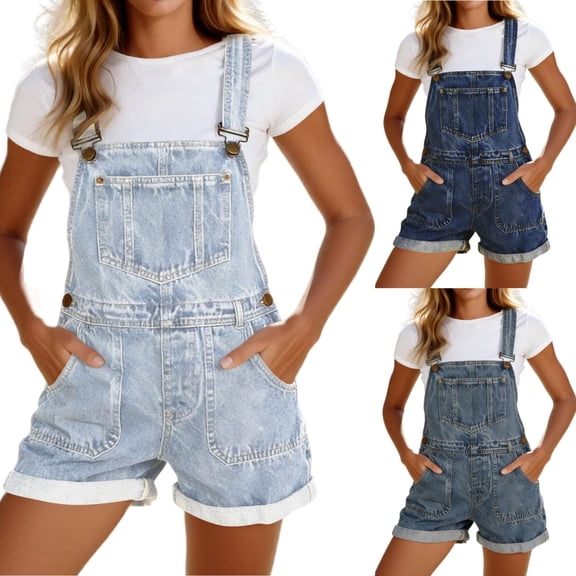 fheaev Denim Overalls for Women Loose Fit Casual Summer Button with Bib Pocket Dark Blue M
