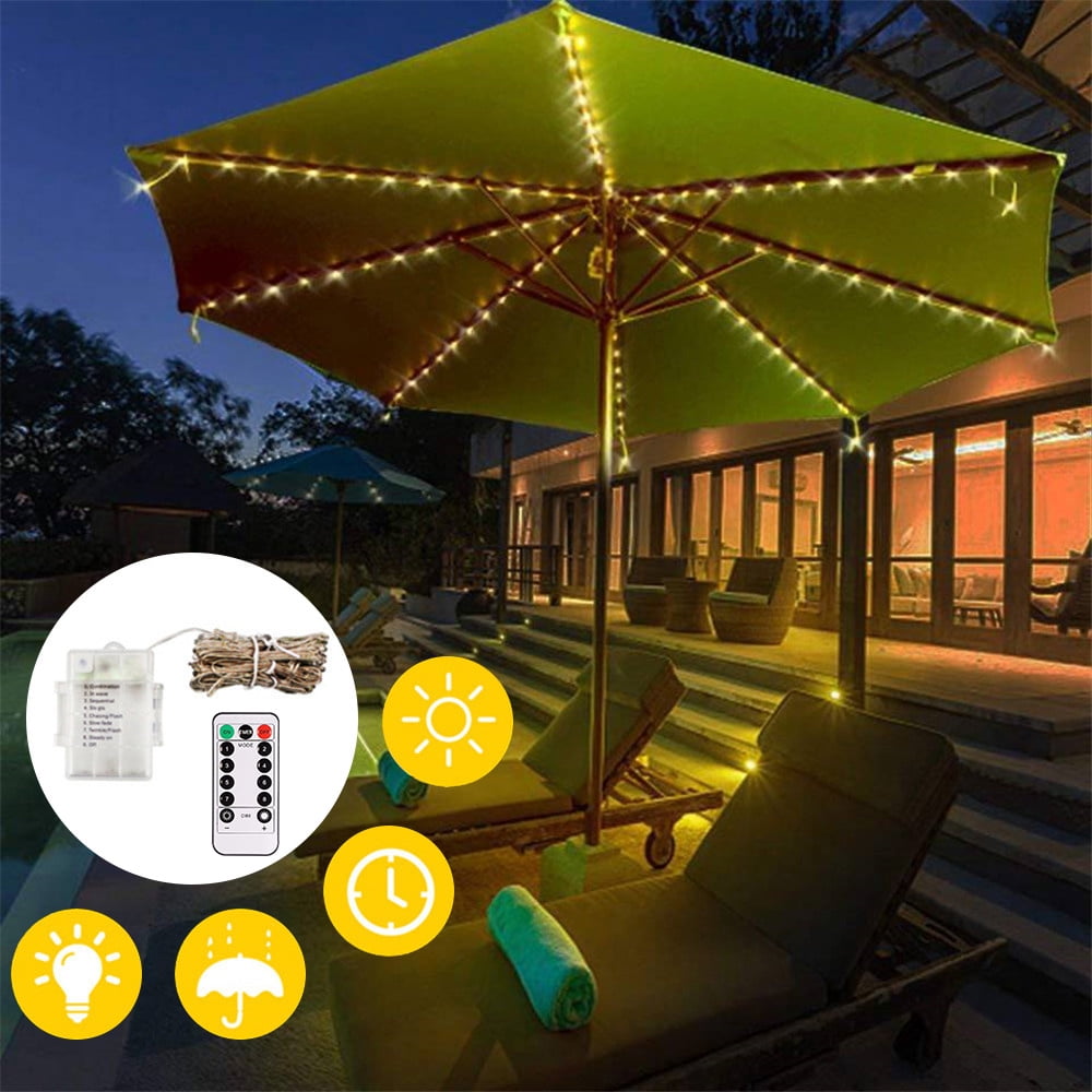 Decorative String Lights for Patio Cantilever Umbrella,8-Ribs 104 LED,Battery Powered,Remote Control,Timer,Dimmable,8 Mode,Easy to Install,Hanging Umbrellas Lights White 