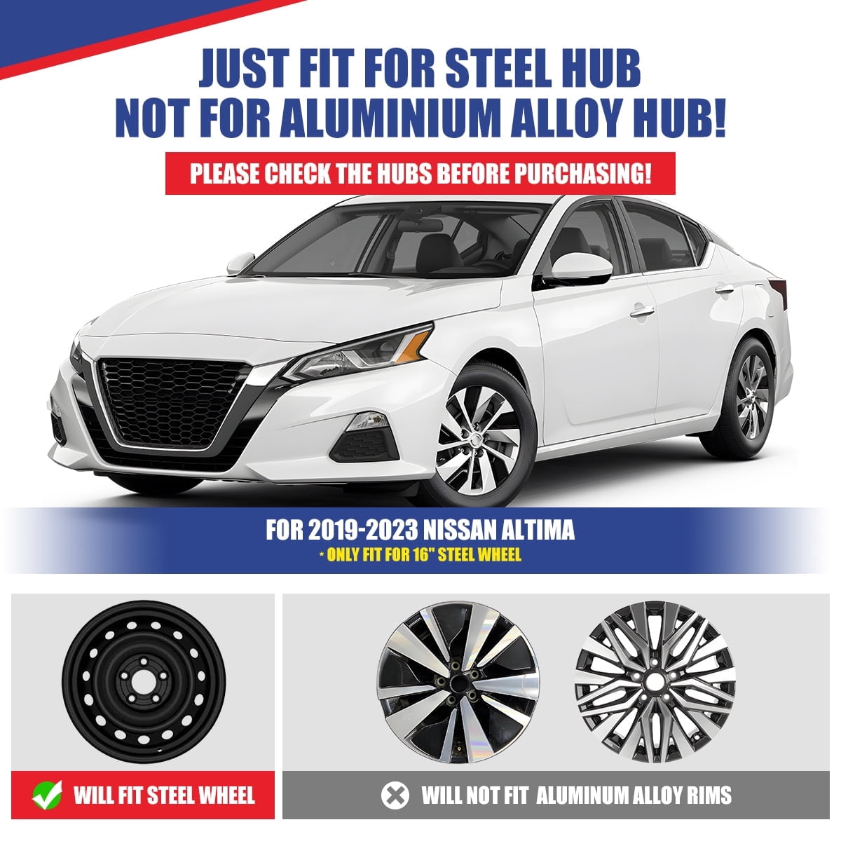 4 Pack 16 inch Hubcaps Wheel Rims Cover for 2019-2025 Nissan Altima Compatible With Steel Wheels,Snap on Installation PP Material,Silver& Black Lacquer