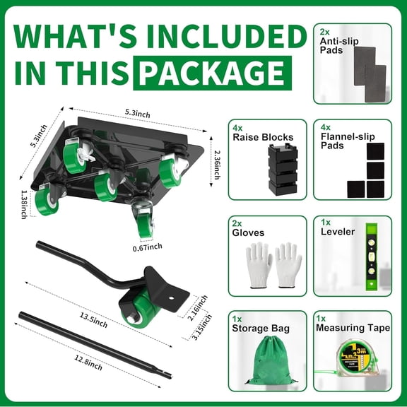 Heavy Duty Furniture Dolly 360° Rotating 5 Wheels, Alloy Steel Furniture Movers Up to 3000 lbs/1360 Kg Load Capacity with Measure Tape and Leveler (5.3x5.3 in)