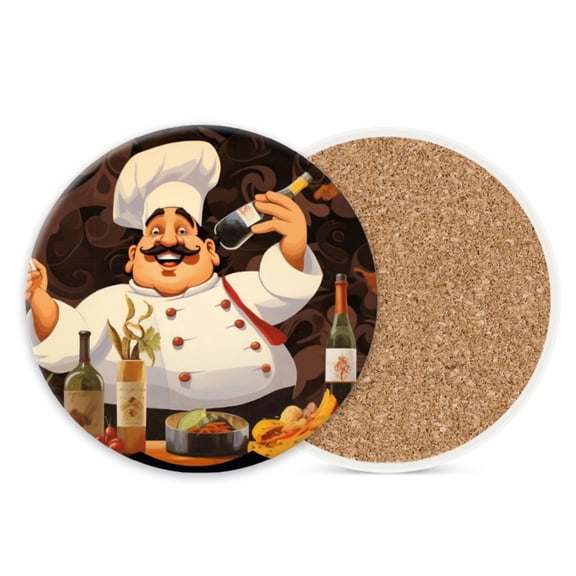 Ceramic Drink Coasters Absorbent Set of 1, Happy Chef with Mustache Round Anti Slip Modern Cup Coasters for Desk Kitchen Office Housewarming Hostess Gifts (4*4 Inch)