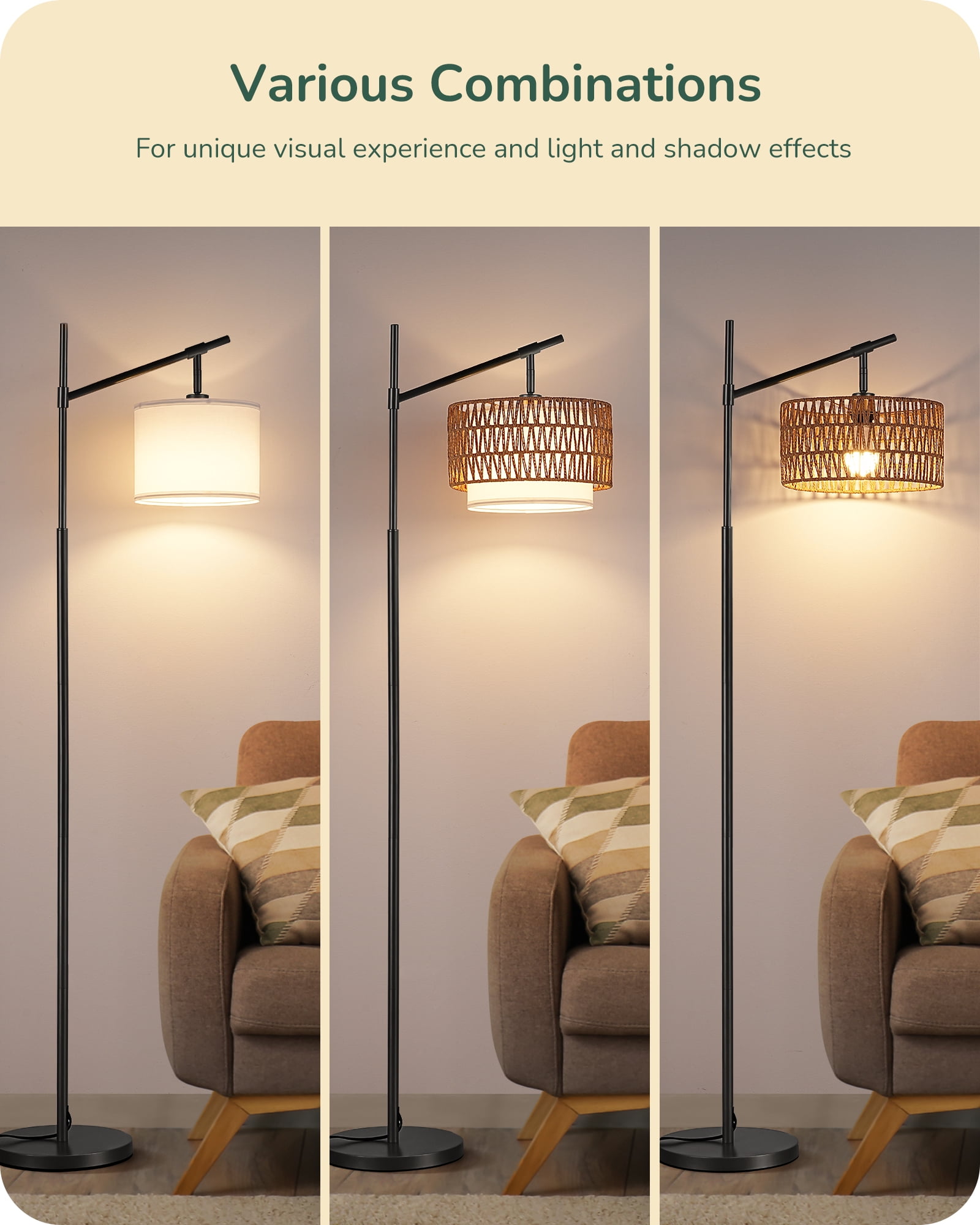 EDISHINE 63.78" Rattan Floor Lamps with Remote for Living Room, Black Standing Lamp with Double Drum Shade, Boho Farmhouse Tall Lamp for Bedroom, With LED Light Bulb