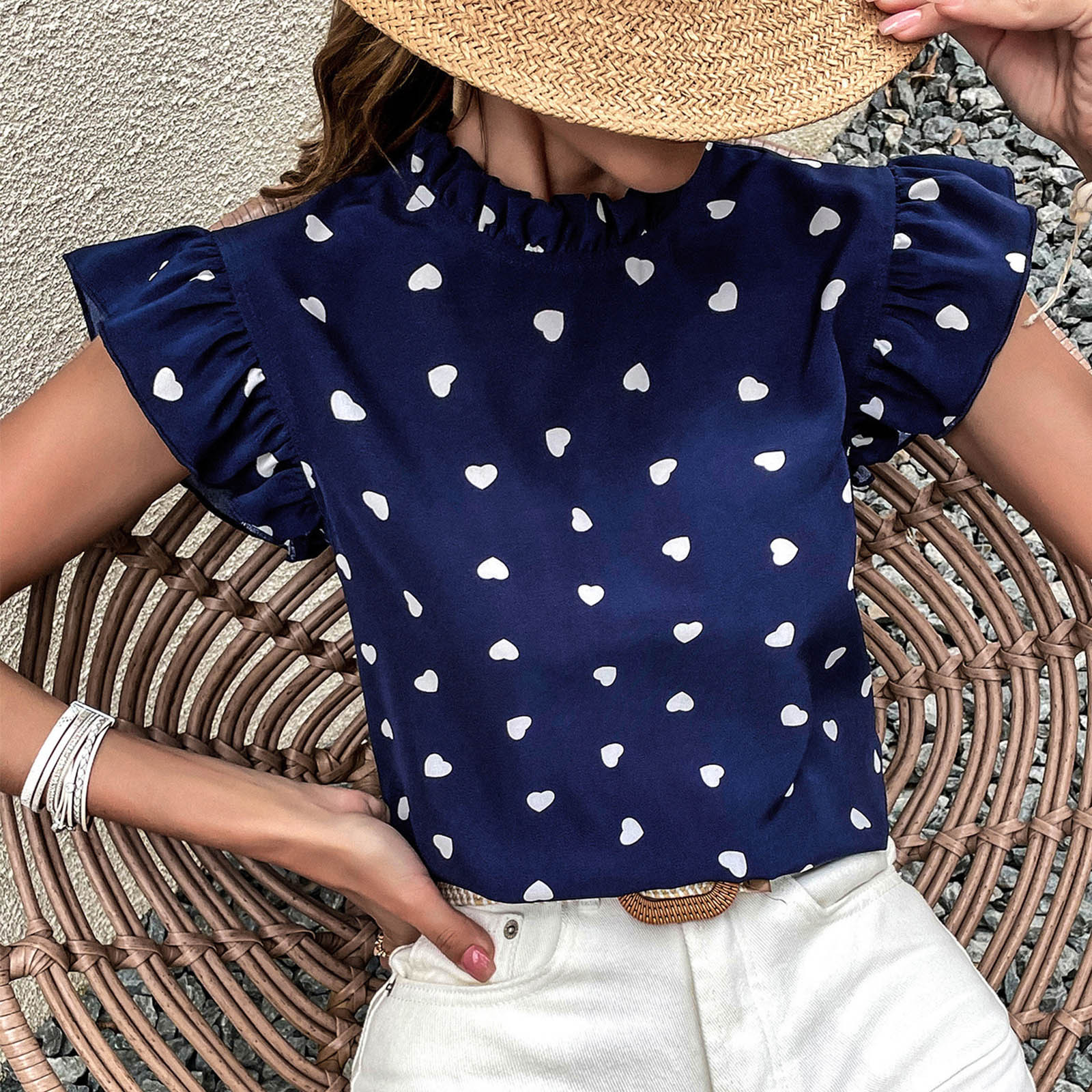 TAIAOJING Tshirt Women Summer Casual Short Sleeve Summer Pleated Polka Dot Round Neck Loose Top Fall T-Shirt - image 5 of 9