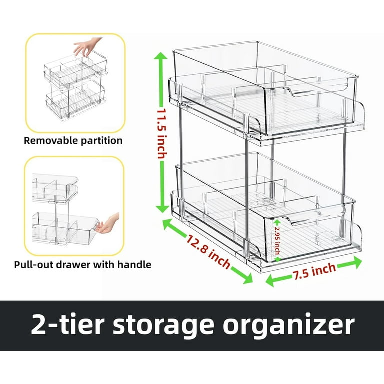 MHHA 2 Sets of 2-Tier Clear Under Bathroom Sink Organizers and Storage,  Medicine Cabinet Organizer with Dividers, Pull Out Kitchen Pantry Shelf