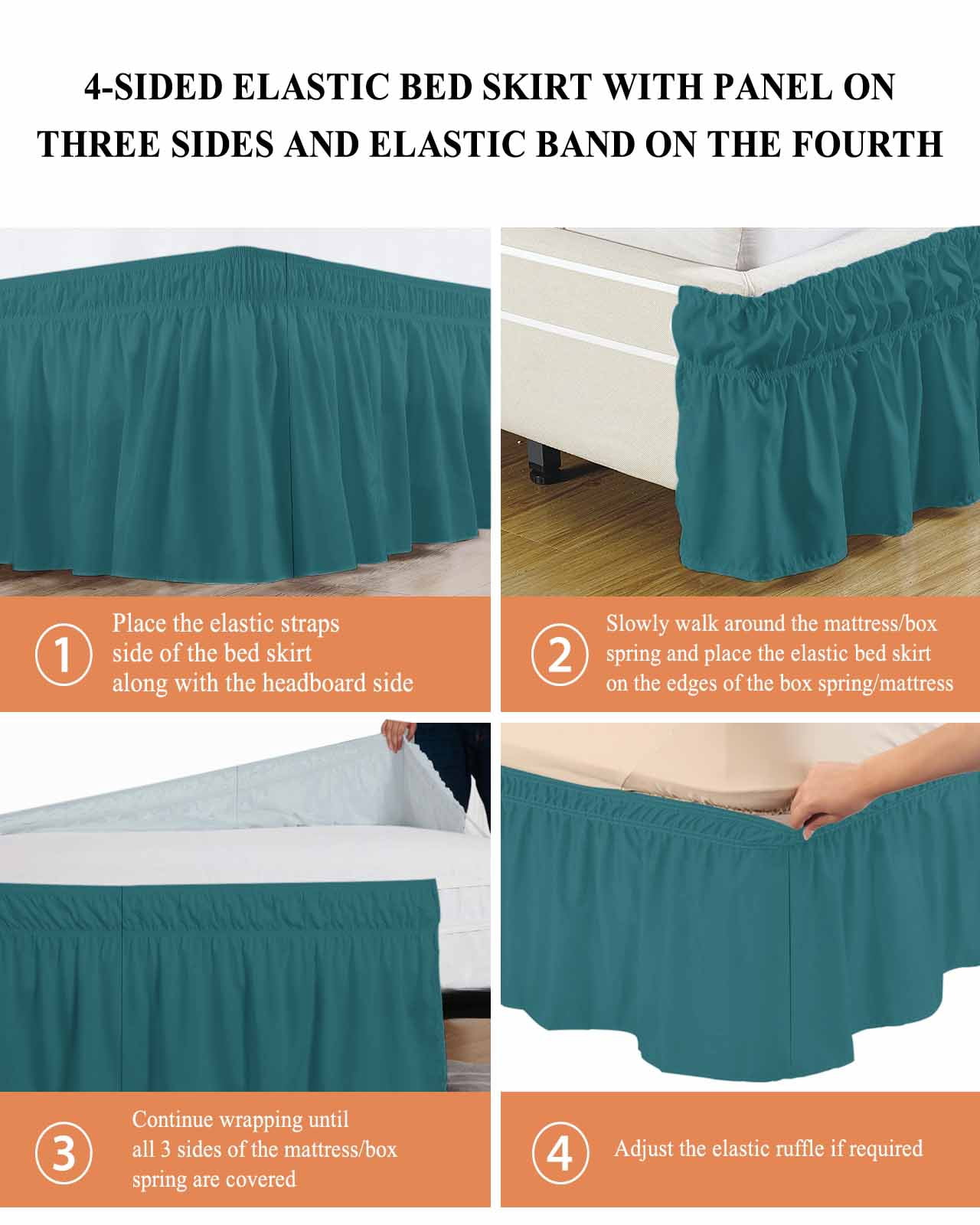 Solid Color Bed Skirt Teal Bed Skirts King Size 18 Inch Drop, Wrap Around Dust Ruffle&nbsp;Bedskirt with Adjustable Elastic Belt for Queen Size Beds