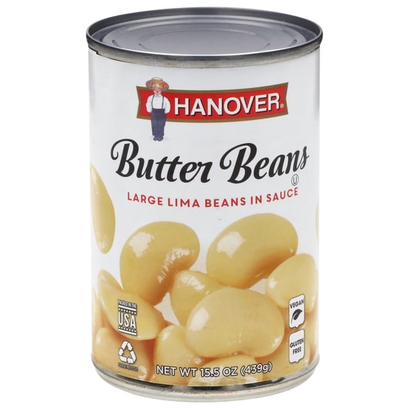 Hanover Butter Beans Large Lima Beans in Sauce, 15.5 oz Can – Rich-in-Fiber Southern-Style Side