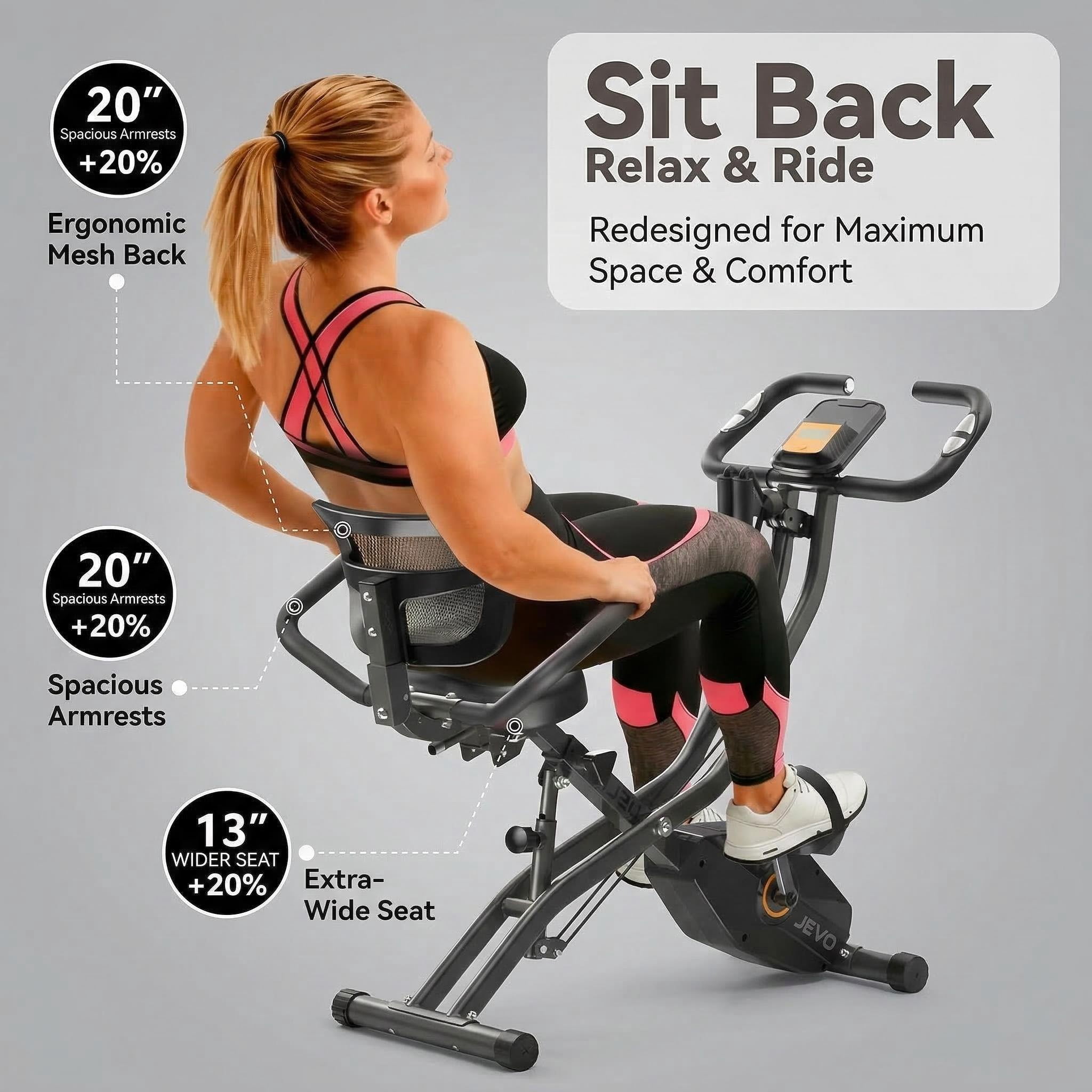 USLIM Foldable 5-in-1 Exercise Bike with Wide Seat and Backrest, Quiet Stationary Bike with 16-Level Magnetic Resistance, 300 lb Capacity