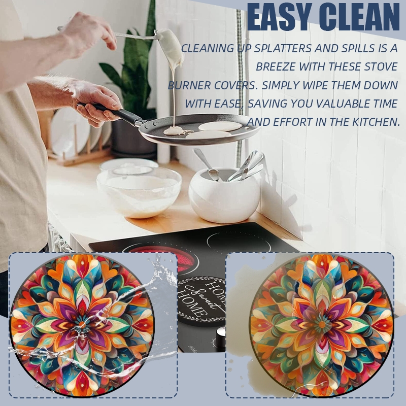 Round Stove Burner Covers for Electric Stove, Multicolored Boho Mandala Flower Easy to Clean Gas Stove Burner Covers Set of 4 for Kitchen Cooktop Decor, 8 Inches and 10 Inches