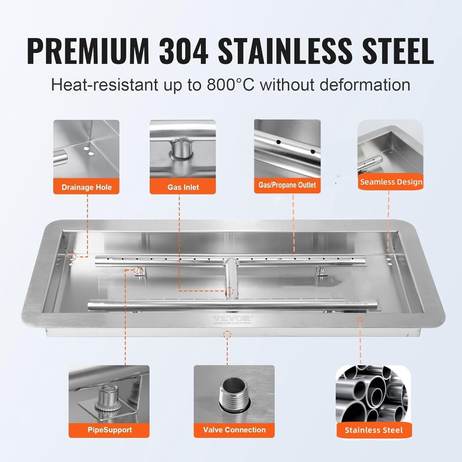 ChaoLink 30x10 Inch Stainless Steel Drop-In Square Fire Pit Burner Kit for DIY Propane & Natural Gas Fire Pits
