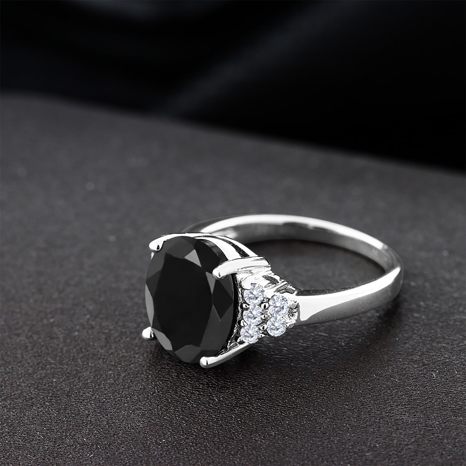Gem Stone King 6.38 Cttw Black Sapphire and White Moissanite Engagement Ring for Women | 925 Sterling Silver | Gemstone Birthstone | Oval 12X10MM (Size 8)