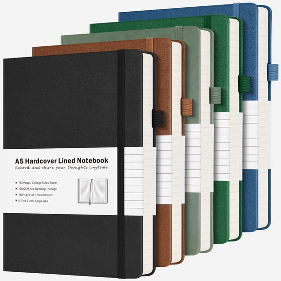 OMEYA College Ruled Notebook 5.7 x 8.5in, Lined Hardcover Notebook 5 Pack, A5 Writing Journal for Men & Women, 100GSM, 192 Lined Paper, Hardcover Leather Notebook for Work with 2 Pockets, Labels