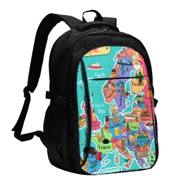Easygdp Cartoon Map Of Europe Mochila para Laptop de Viaje con Puerto USB, Mochila para Laptop con Puerto de Carga USB para Mujeres y Hombres