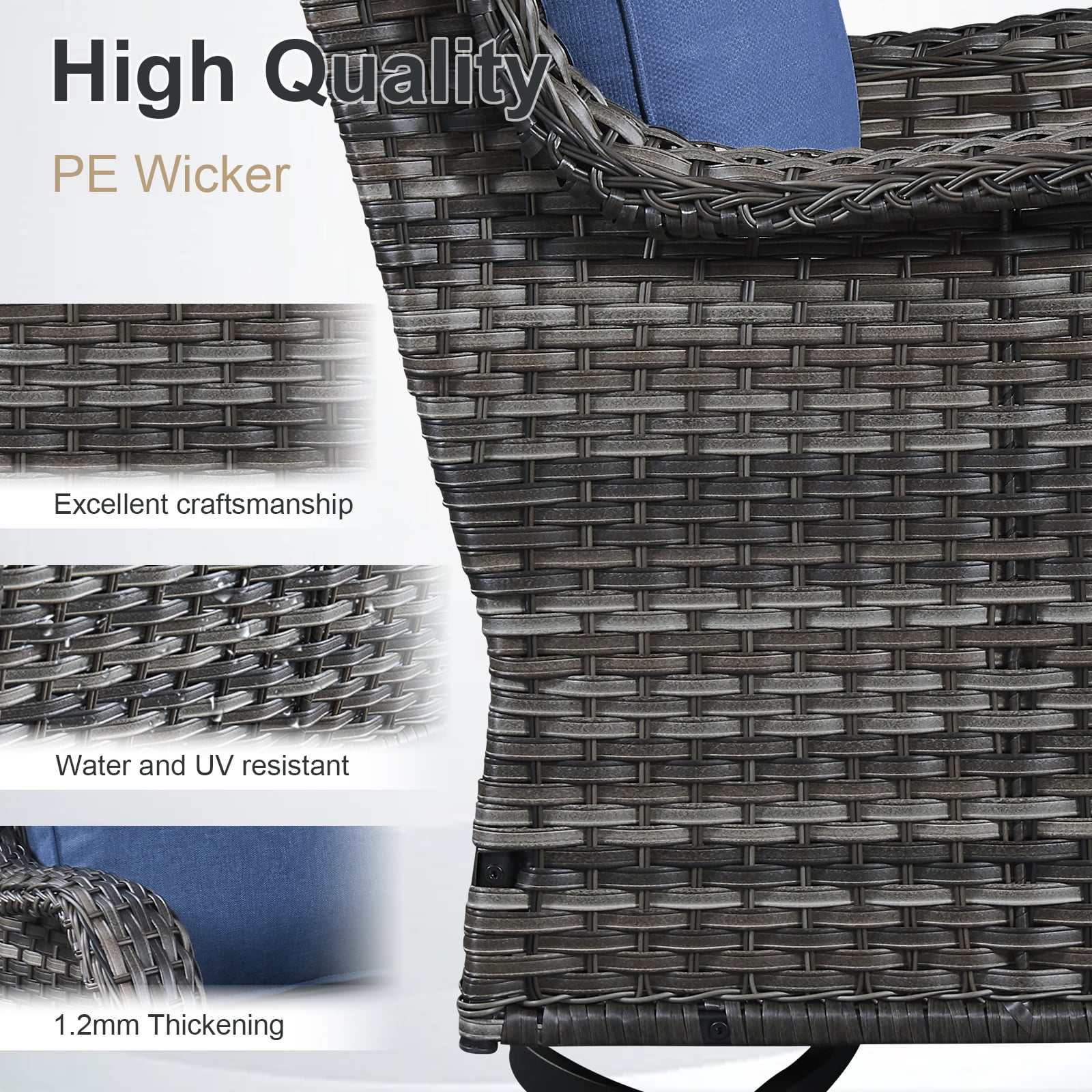 OPOHORO Swivel Outdoor Chair Set of 4 with 30" Propane Fire Pit Table, Patio Furniture Set with Firepit Brown Wicker High Back Patio Swivel Chairs for Garden Balcony Porch - Gray/Blue