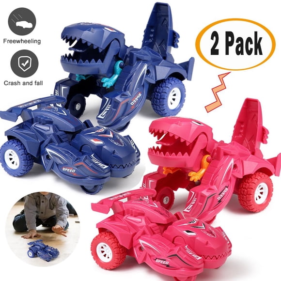 HLONK 2 Pack Dinosaur Car Toy  2 in 1 Deformation Toy Inertial Slide Vehicles Toys  Transforming Car Robot Toys with Big Wheels  Dino Cars for 3 Years Old Boys Kids Best Christmas Birthda