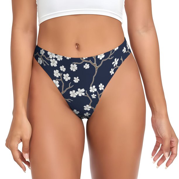 Fotbe Cherry Blossoms on Navy Background Tanga Sin Costuras para Mujer con Estampado – Panties Invisibles, Transpirables y Cómodos para Uso Diario-X-Large