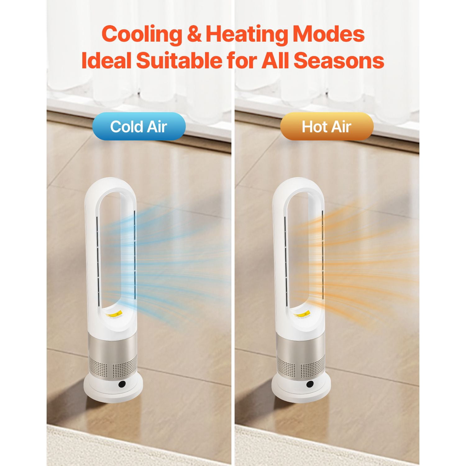 Bladeless Tower Fan with 8 Speeds, 3 Heat Levels, 80° Oscillation, 9H Timer, Remote Control, for Bedroom Office Home