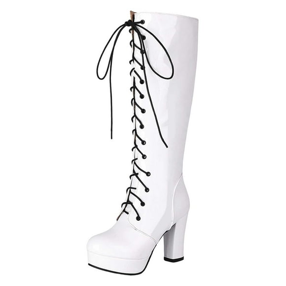 Metallic Knee High Combat Boots for Women Punk Gothic Leather Platform Chunky Heels Tall Riding Dress Boots