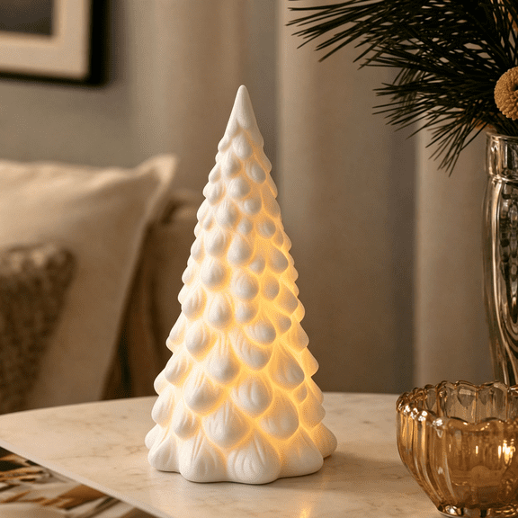 Ceramic Christmas Tree with Warm White Led Lights, Tabletop Decoration for Home and Bedroom, Night Light