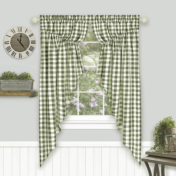 Woven Trends Farmhouse Curtains, Buffalo Plaid Curtain Shades, Gathered Swag Set, Classic Country Plaid Gingham Checkered Design, Farmhouse Decor, 72" x 63" Gathered Swag Pair (2-Pack), Sage