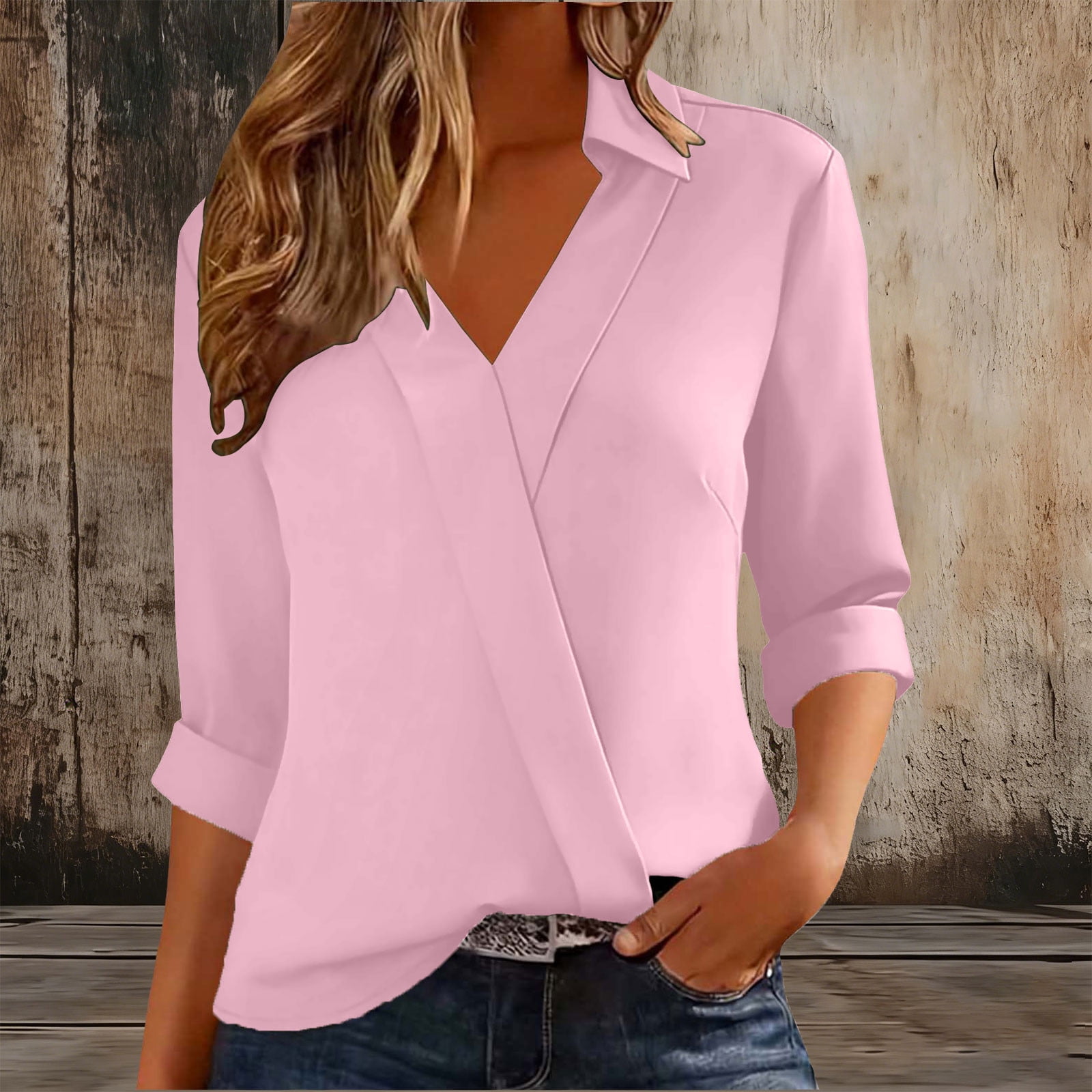 Fengqque Women Lapel Shirts 3/4 Sleeve Basic Business Dress Shirt Slim Fitted Classic V Neck Work Blouse Tops Pink Xxl(xxl), Women's, Size: 2XL