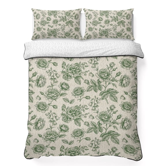 Quilts Twin Size Bedding Set, Sage Green Rose Lightweight Quilted Comforter, Farmhouse Vintage Botanical Floral Burlap Soft Reversible Bedspread Coverlet with Pillow Covers for All Season, 68" x 86"