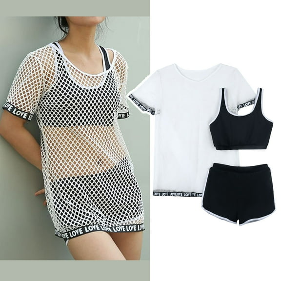 Girls Swimsuits Set 3 Piece Summer Tankini Swimwear Set with Cover up Top Letter Tape Teen Bathing Suit 6-7 Years