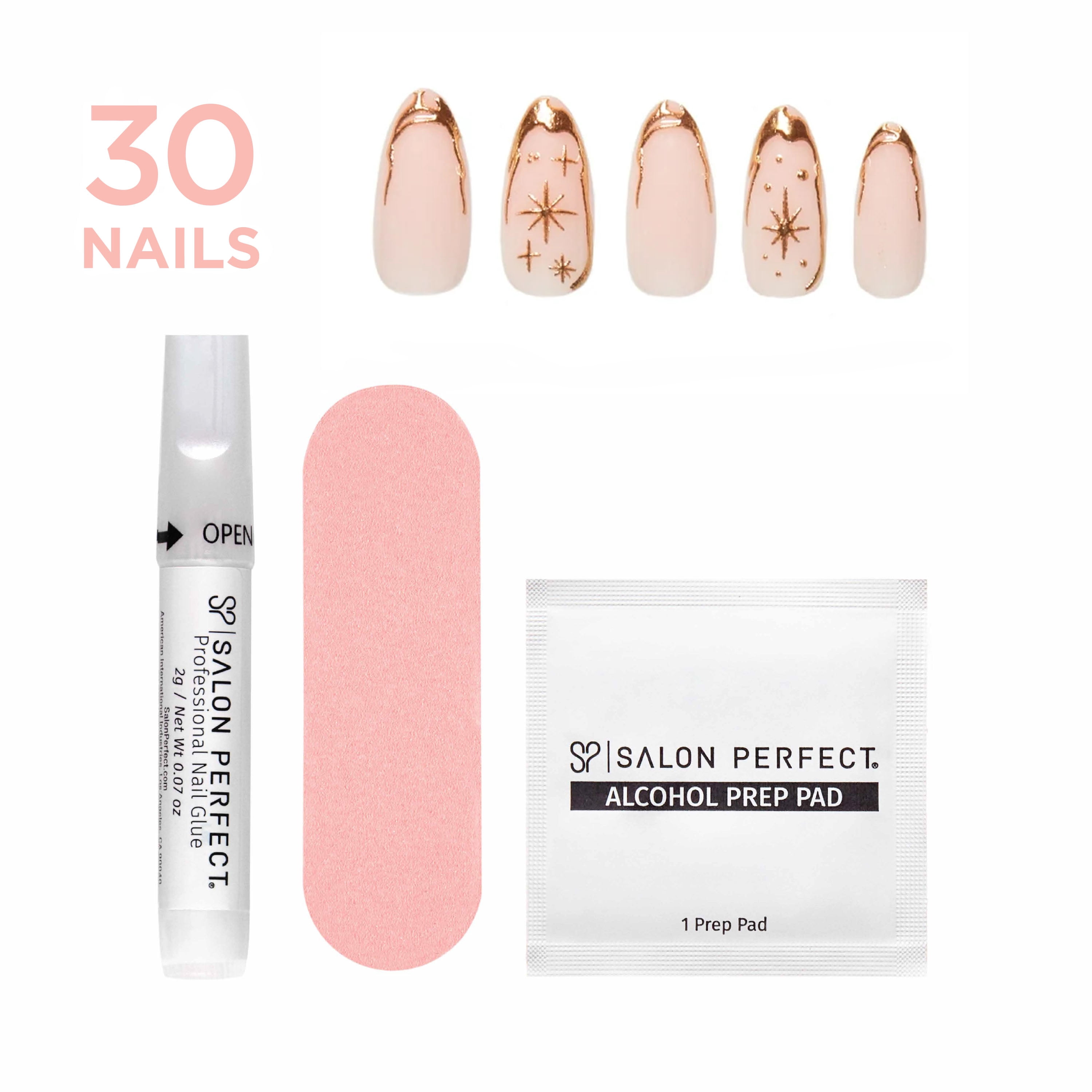 Salon Perfect Artificial Fake Press On Nails, 308 Viral Nail Edit, Gold Cosmic, Medium Almond, File, Glue, and Prep Pad Included, 30 Nails